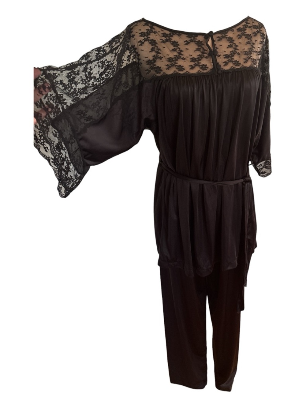 70s 2PC VAL MODE BLACK LOUNGEWEAR W LACE-DETAILS TOP & LONG PANT SLEEP SET SZ L - Picture 3 of 8